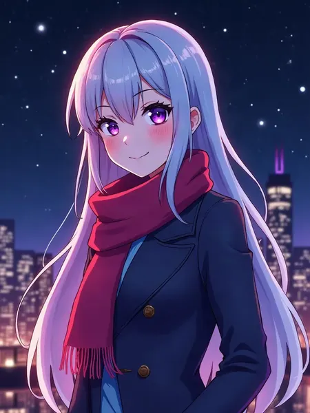 Character.AI: KI-generiertes Illustrationsbild, Weibliche Anime-Figur mit langen silbernen Haaren und violetten Augen im langen Mantel vor einer Stadt unter Sternen
