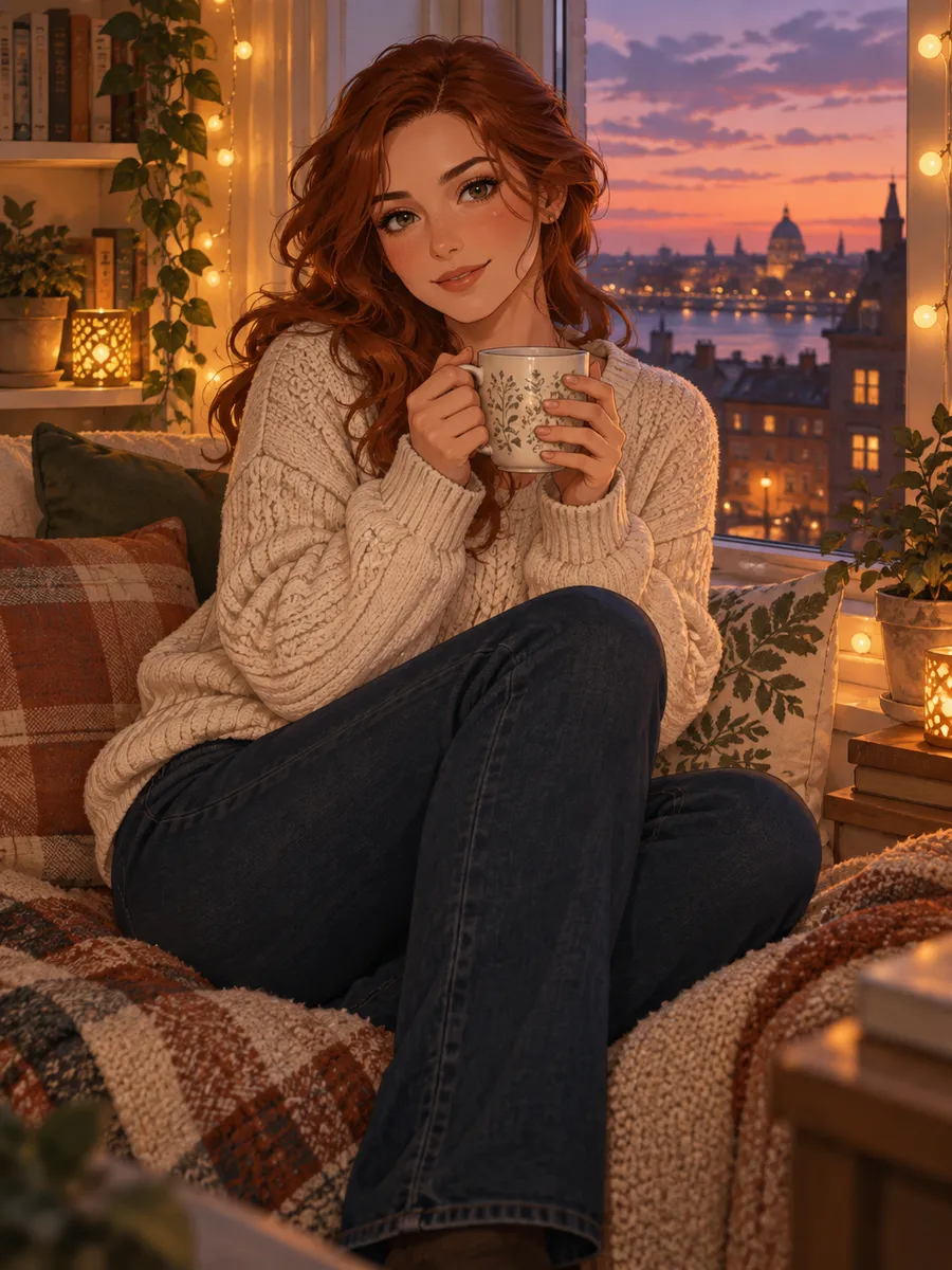 CrushOn AI, KI-Freundin: KI-generierte Illustration, Halbrealistische Illustration einer erwachsenen Frau mit gewelltem, rotbraunem Haar und cremefarbenem Pullover