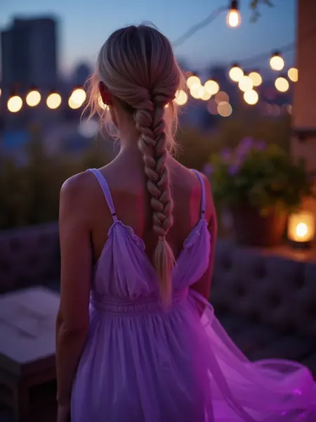 Lovescape: KI-generiertes Illustrationsbild, Frau mit honigblondem Zopf in lavendelfarbenem Kleid auf einer Dachterrasse mit Lichterketten