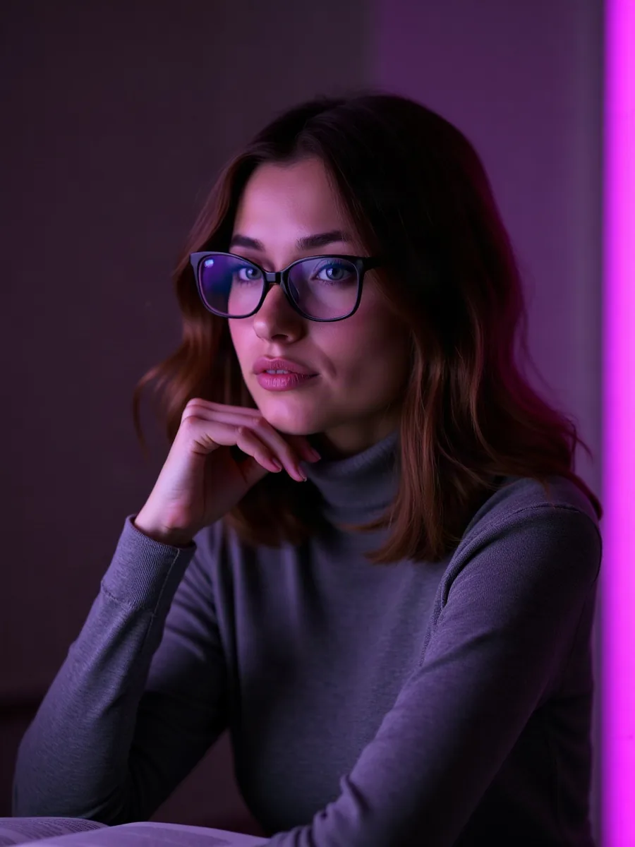 Nomi AI: KI-generiertes Illustrationsbild, Frau mit mittellangen braunen Haaren und Brille in grauem Rollkragenpullover in einer Leseecke