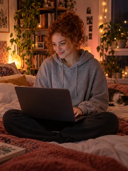 SpicyChat, KI-Freundin: KI-generierte Illustration, rothaarige Frau im grauen Hoodie, abends am Laptop
