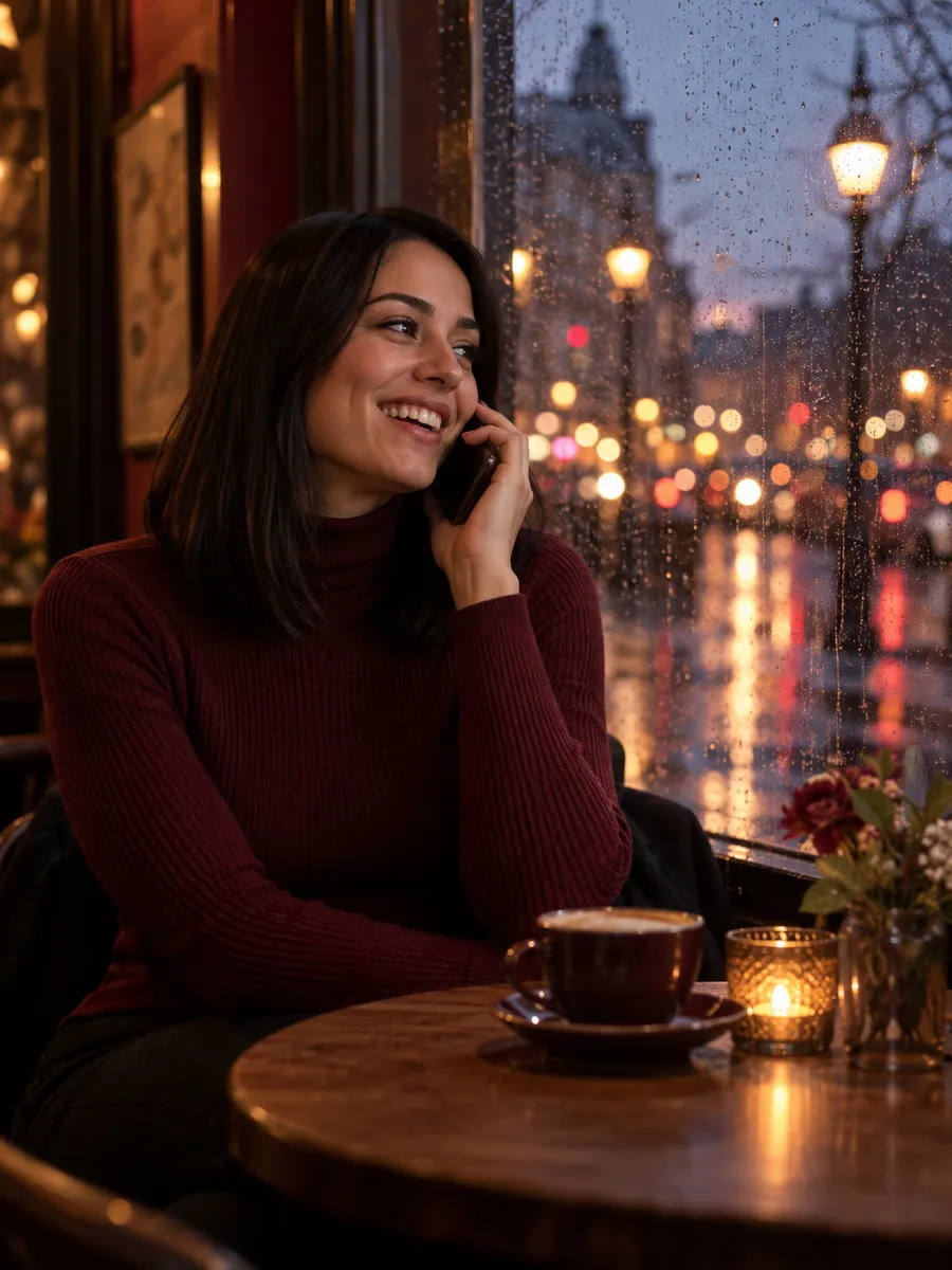 Swipey AI: KI-generiertes Illustrationsbild, Frau mit glatten schwarzen Haaren und einem bordeauxroten Pullover, die abends an einem Cafétisch vor einer regennassen Fensterscheibe beim Telefonieren lacht