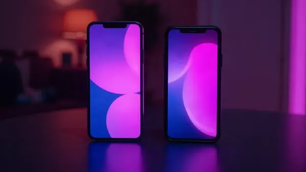 Zwei Smartphones nebeneinander auf einem dunklen Tisch, violette Bildschirme (Illustration zum Artikel)