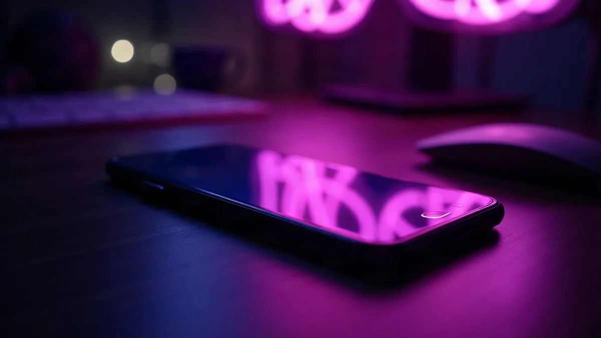 Smartphone auf einem dunklen Schreibtisch, leuchtend violette Reflexe auf dem Bildschirm (Illustration zum Artikel)