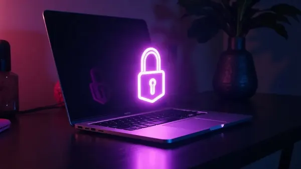 Laptop mit einem leuchtend violetten Vorhängeschloss über der Tastatur (Illustration zum Artikel)