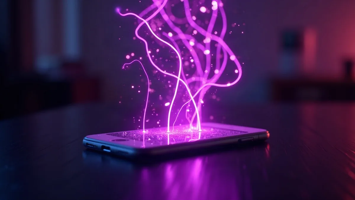 Leuchtende Linien eines neuronalen Netzes, die über einem Smartphone schweben (Illustration zum Artikel)