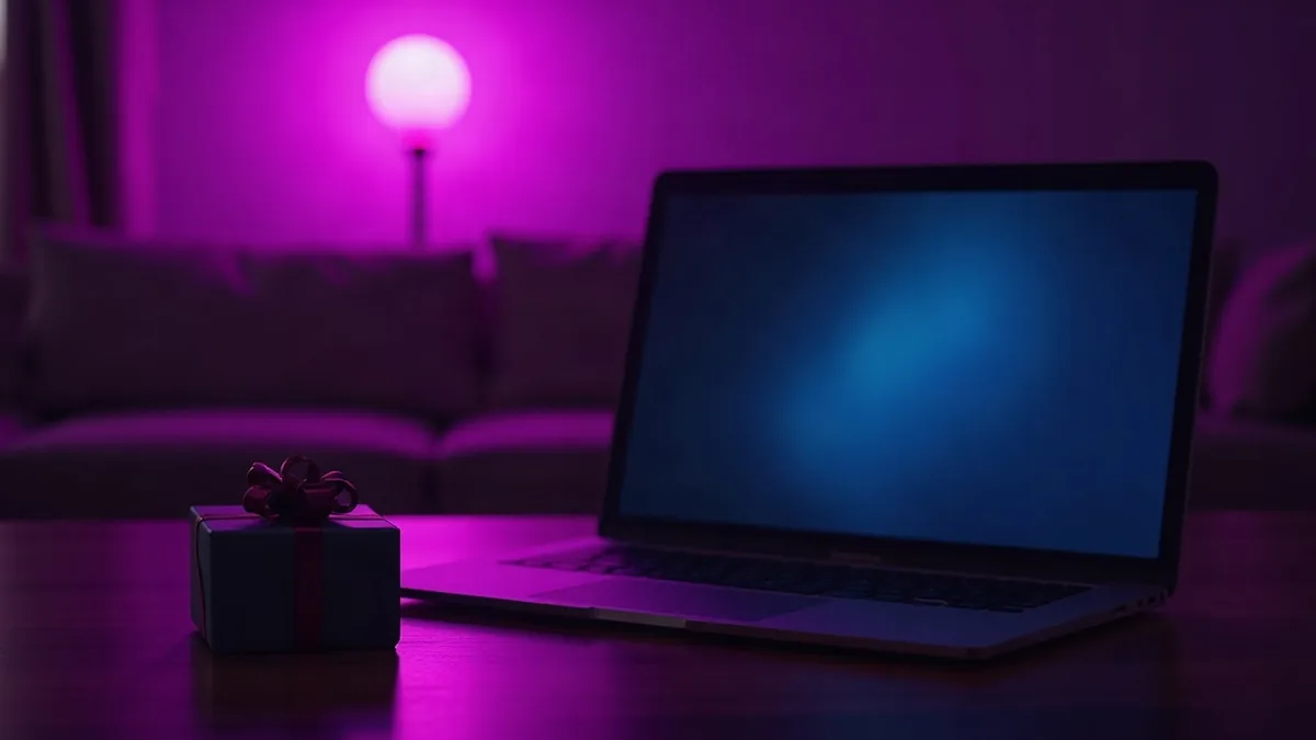 Aufgeklappter Laptop in einem dunklen Raum neben einer kleinen Geschenkbox (Illustration zum Artikel)