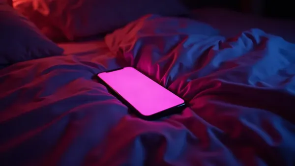 Handy auf Seidenlaken in einem dunklen Schlafzimmer, magentafarbener Schein (Illustration zum Artikel)