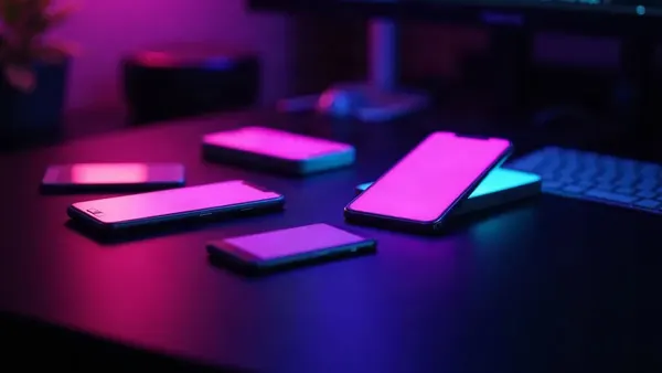Leuchtende Smartphones fächerförmig auf einem dunklen Schreibtisch angeordnet, eines hervorgehoben (Illustration zum Artikel)