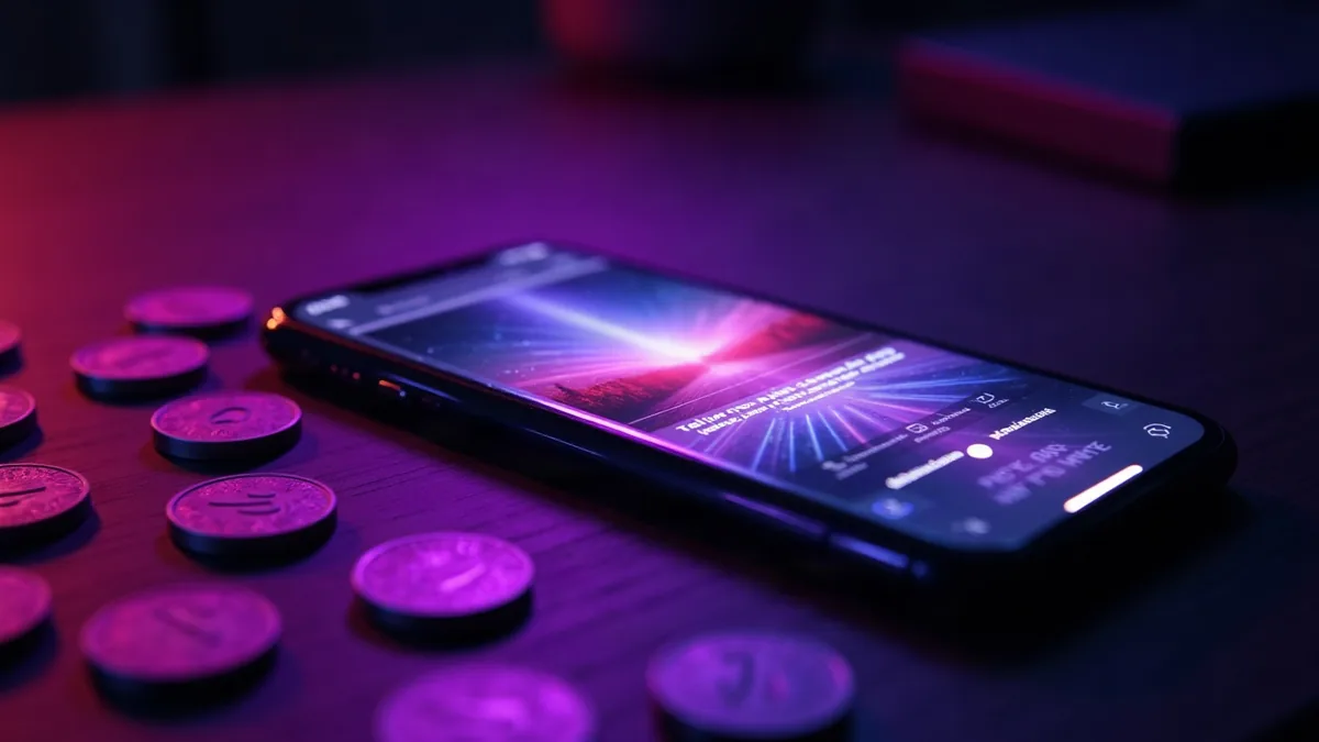 Leuchtende violette Token verstreut um ein Smartphone auf einem dunklen Schreibtisch (Illustration zum Artikel)