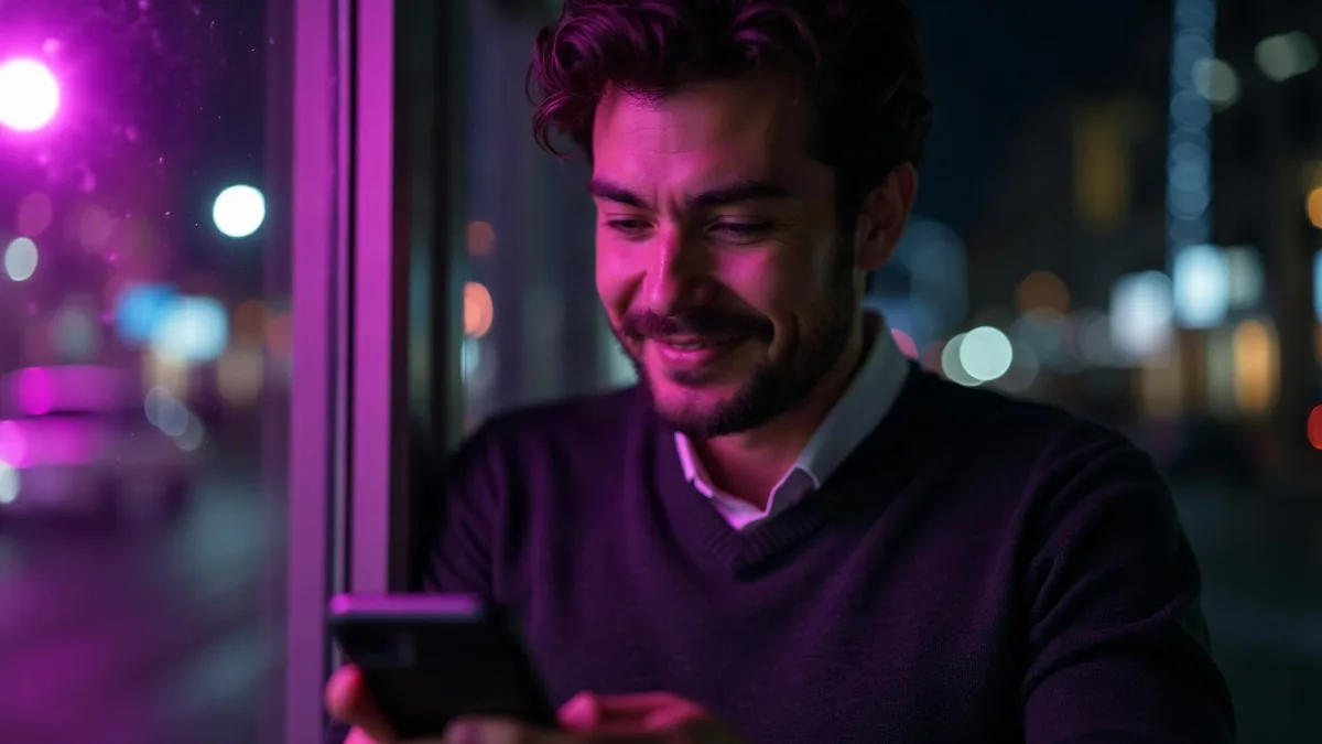 Brünetter Mann in anthrazitfarbenem Pullover, der vor einem nächtlichen Fenster sein Handy anlächelt (Illustration zum Artikel)