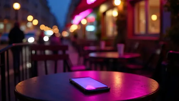 Café-Tisch bei Nacht mit einem leuchtenden Smartphone, unscharfe Straßenlichter (Illustration zum Artikel)