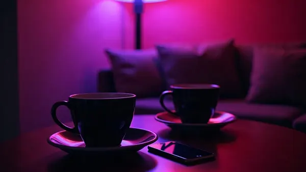 Zwei Kaffeetassen und zwei Handys auf einem Tisch, warmes und violettes Licht (Illustration zum Artikel)