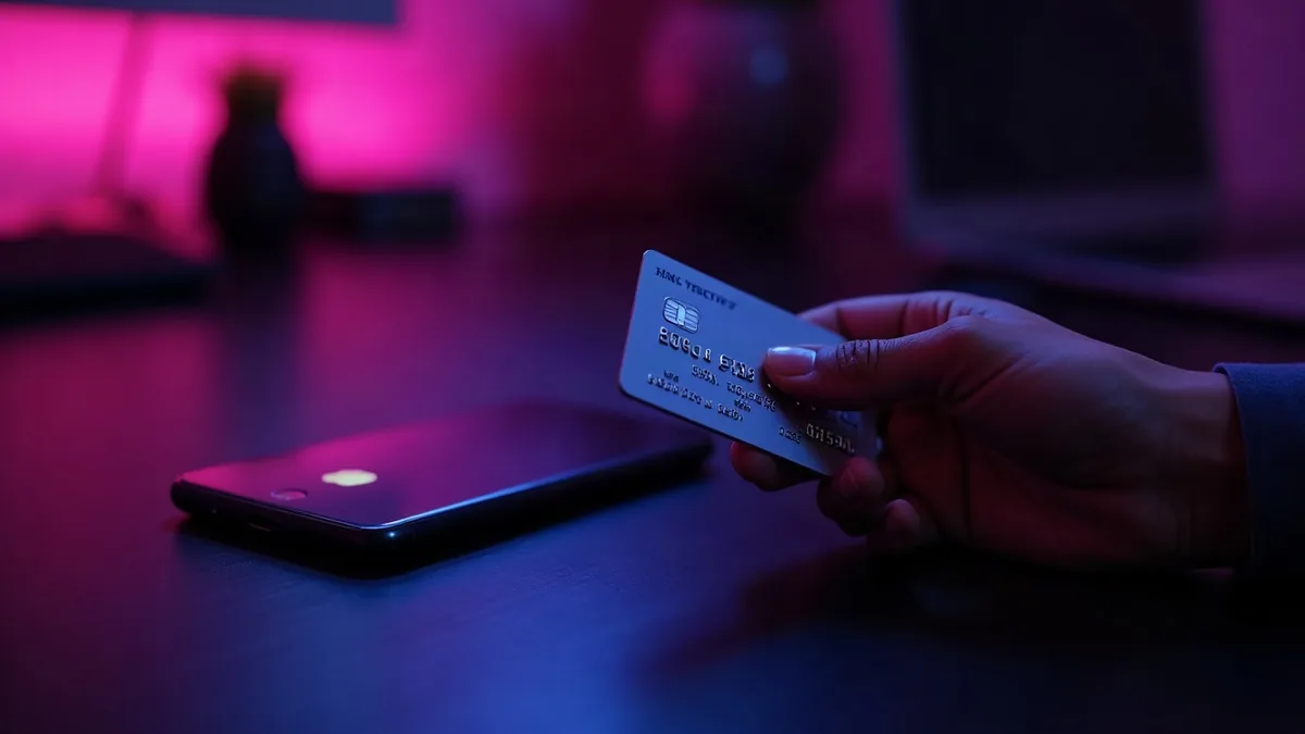 Hand mit einer Bankkarte neben einem Handy, violettes Licht (Illustration zum Artikel)