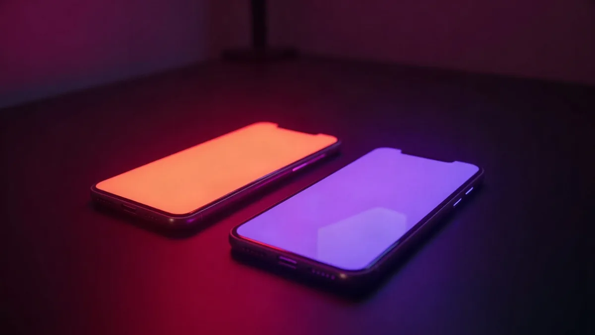 Zwei Smartphones nebeneinander, eines orange, das andere violett, Neonreflexe (Illustration zum Artikel)