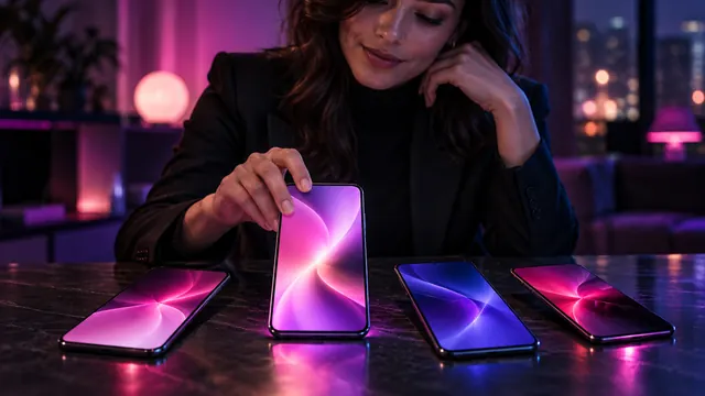 Die besten Alternativen zu Candy AI: Frau wählt eines von vier leuchtenden Smartphones auf einem Tisch aus