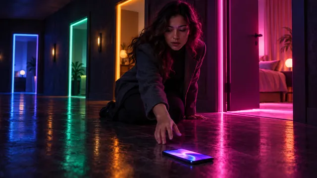 Die besten Alternativen zu Character.AI: Frau hebt in einem Flur mit verschiedenfarbig leuchtenden Türen ein Smartphone auf