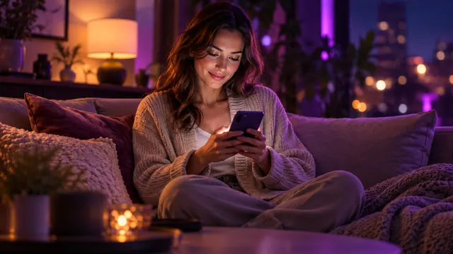 Die besten Alternativen zu Replika: Frau in beiger Strickjacke, die abends auf dem Sofa lächelnd auf ihr Handy schaut