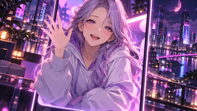 Beste Anime-KI-Freundin: Anime-Illustration einer erwachsenen Frau mit lavendelfarbenen Haaren im Sweatshirt, die in einer Neonstadt von einem Bildschirm aus winkt
