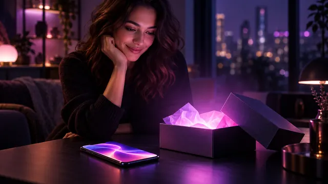 Beste kostenlose KI-Freundin: Lächelnde Frau vor einem Smartphone und einem offenen Geschenkkarton, aus dem violettes Licht strahlt
