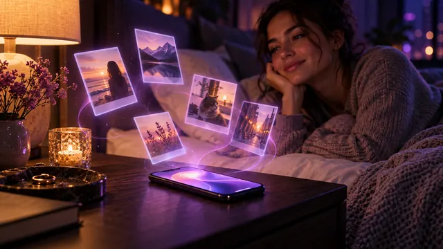 Beste KI-Freundin mit Gedächtnis: Lächelnde Frau am Nachttisch, über ihrem Smartphone schweben leuchtende Erinnerungsfotos