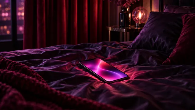 Beste KI-Freundin NSFW: Smartphone auf dunkler Seidenbettwäsche, magentafarbener Schimmer, roter Samtvorhang