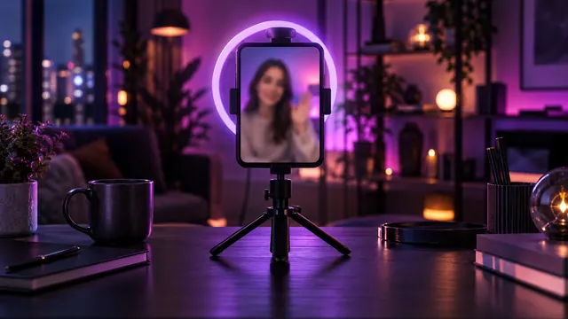 Beste KI-Freundin mit Video: Smartphone auf einem Stativ zeigt eine Frau im Videoanruf, dazu ein violettes Ringlicht