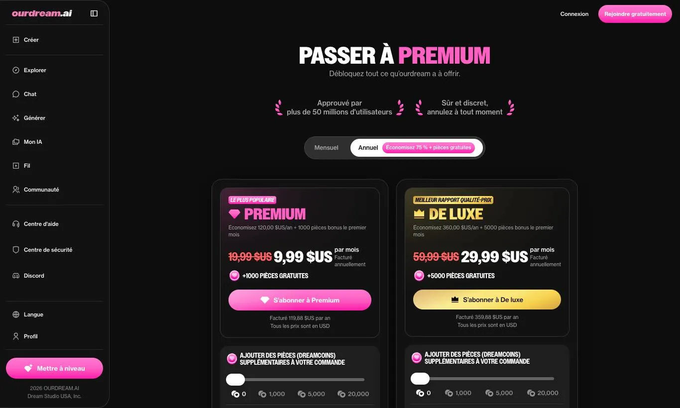 Screenshot der offiziellen Abo-Seite von OurDream AI, erfasst am 30.09.2026