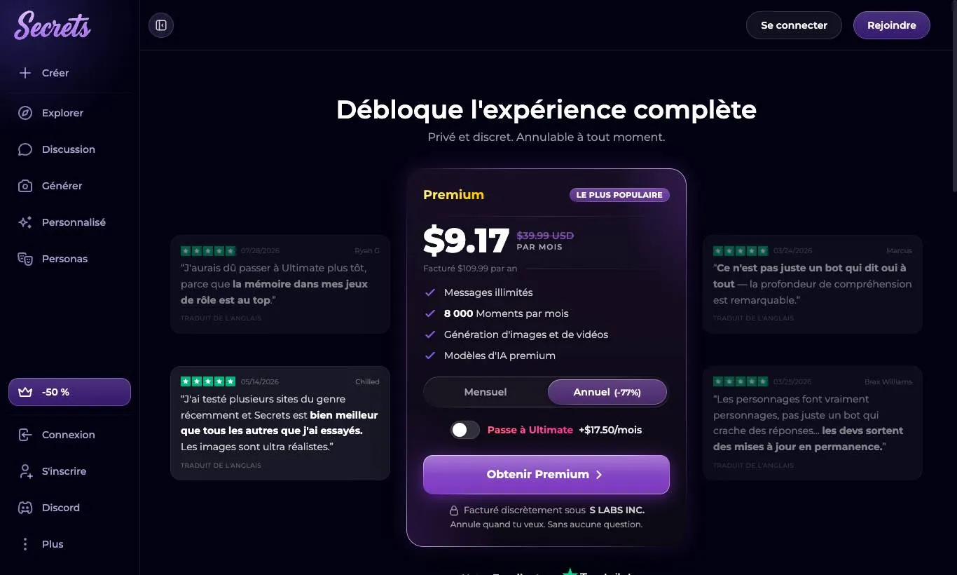 Screenshot der offiziellen Abo-Seite von Secrets AI, erfasst am 30.09.2026
